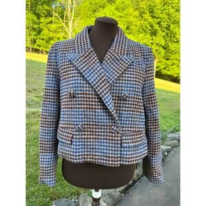 Vici Blue Burgundy Houndstooth‎ Double Breasted Cropped Wool Blend Blazer Small